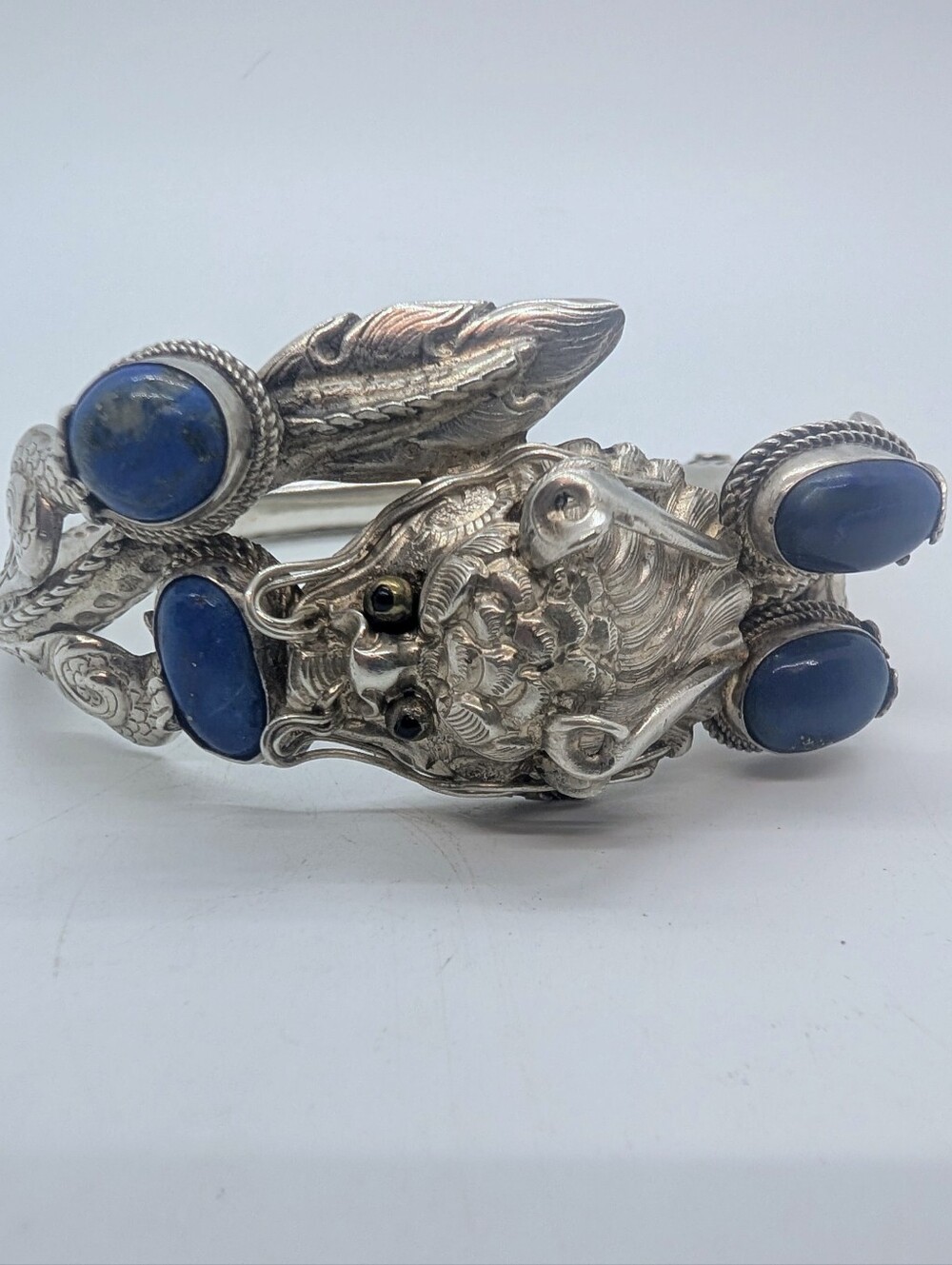 Antique Sterling Silver Lapis Lazuli Dragon Bangle Bracelet